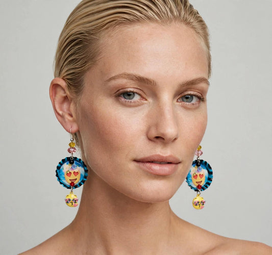 Flowery Heart Emoji Bottlecap Earrings - Silly Cute Dangle Jewelry