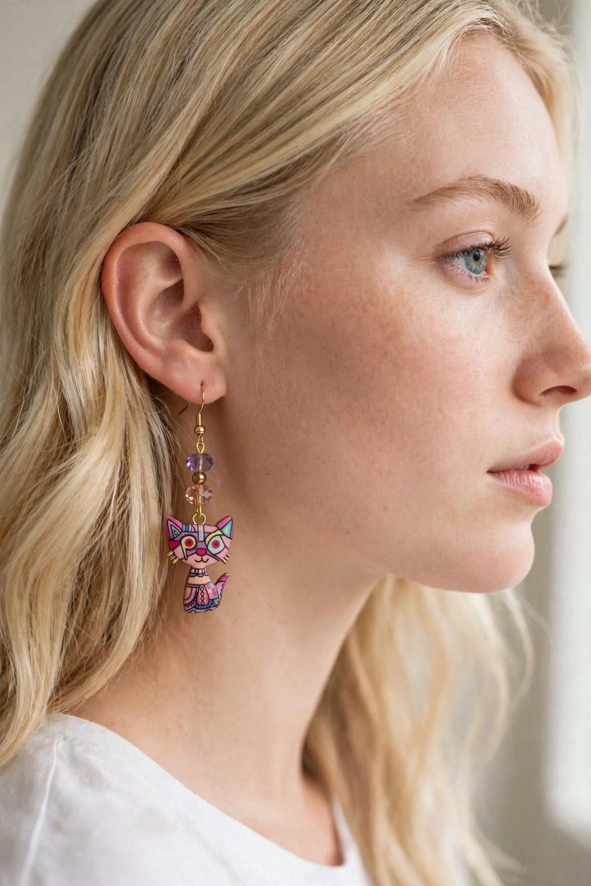Pink Colorful Cat Enamel Charm Earrings - Abstract Dangle Jewelry