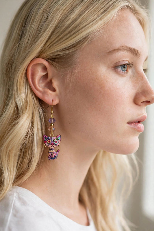 Pink Colorful Cat Enamel Charm Earrings - Abstract Dangle Jewelry