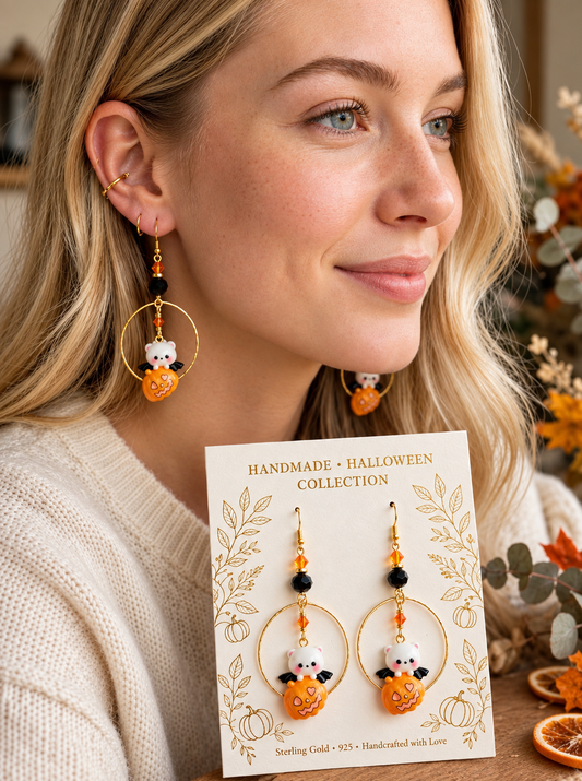 Handmade Halloween Earrings - Cute Pumpkin Bear Bat Earrings, Kawaii Halloween Gold Hoop Earrings, Sterling Gold Ear Wires, Spooky Dangle Earrings