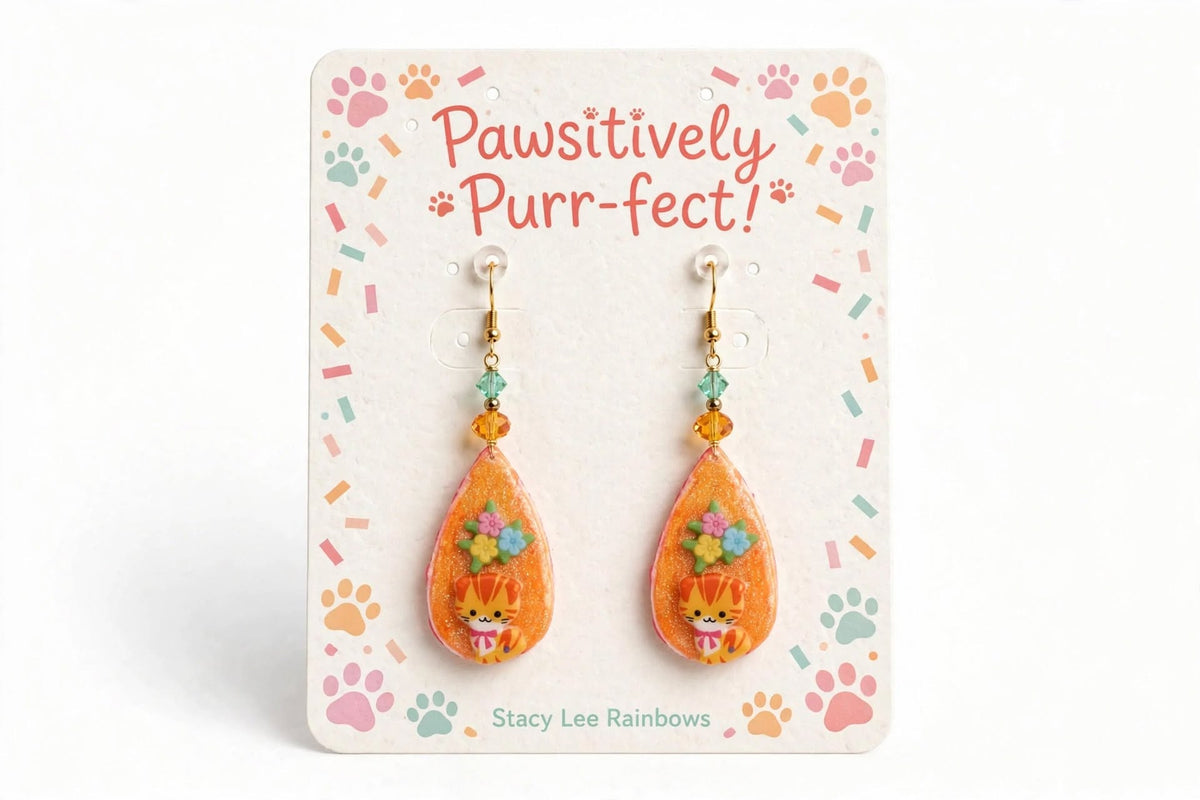 Handcrafted Dangle Teardrop Earrings – Tabby Cat & Floral Clay Resin Design