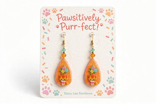 Handcrafted Dangle Teardrop Earrings – Tabby Cat & Floral Clay Resin Design