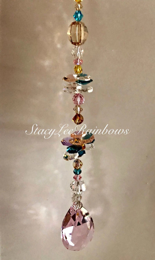 Elegant Rosaline Swarovski Crystal Sun Catcher – 63mm Logo-Etched Prism for Windows or Gift – Stunning 11-Inch Hanging Suncatcher