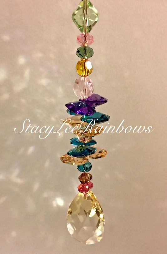 Mini Crystal Sun Catcher for Windows & Cars – 38mm Almond-Shaped Swarovski Crystal Prism with Rainbow Beads – Elegant Home or Car Charm Decoration