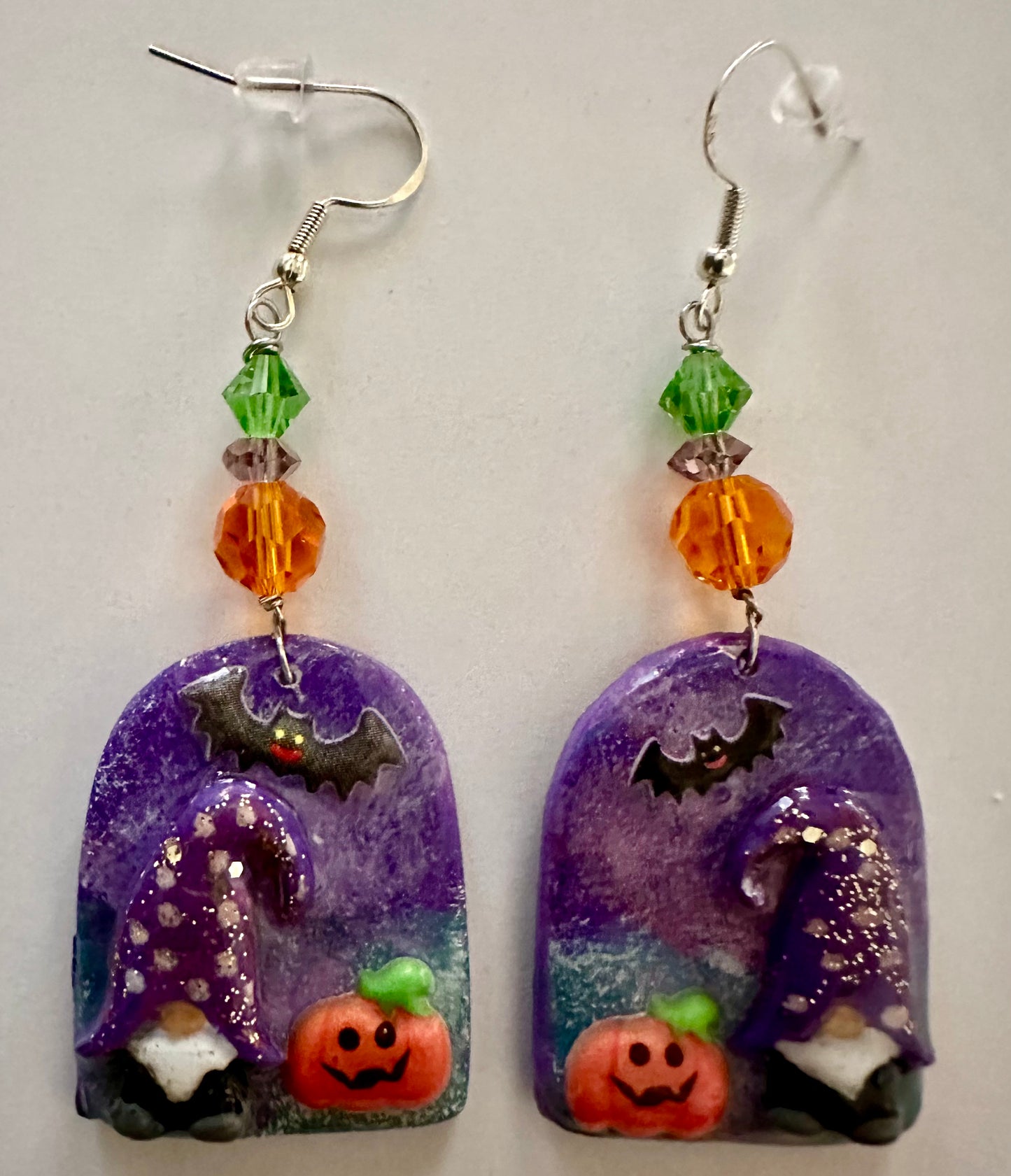 Handmade Halloween Gnome Dangle Earrings - Clay and Resin with Pumpkin & Bat Accents
