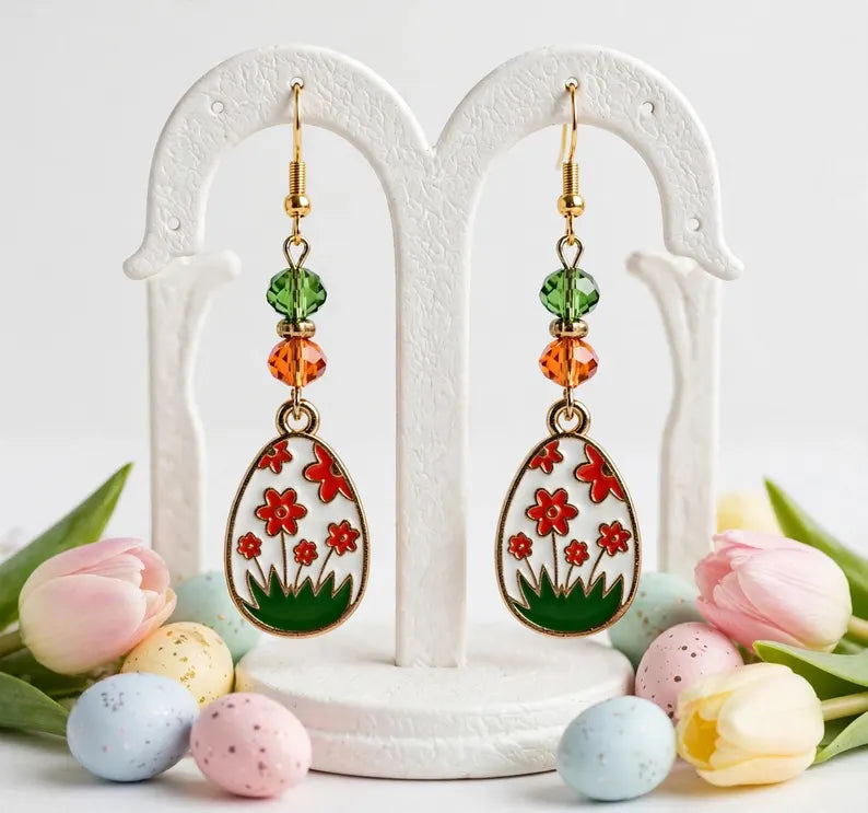 Spring Meadow Easter Egg Design Enamel Earrings - Lovely Dangle Jewelry