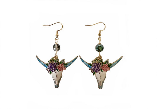 Bull Skull Floral Enamel Earrings - Vibrant Dangle Jewelry
