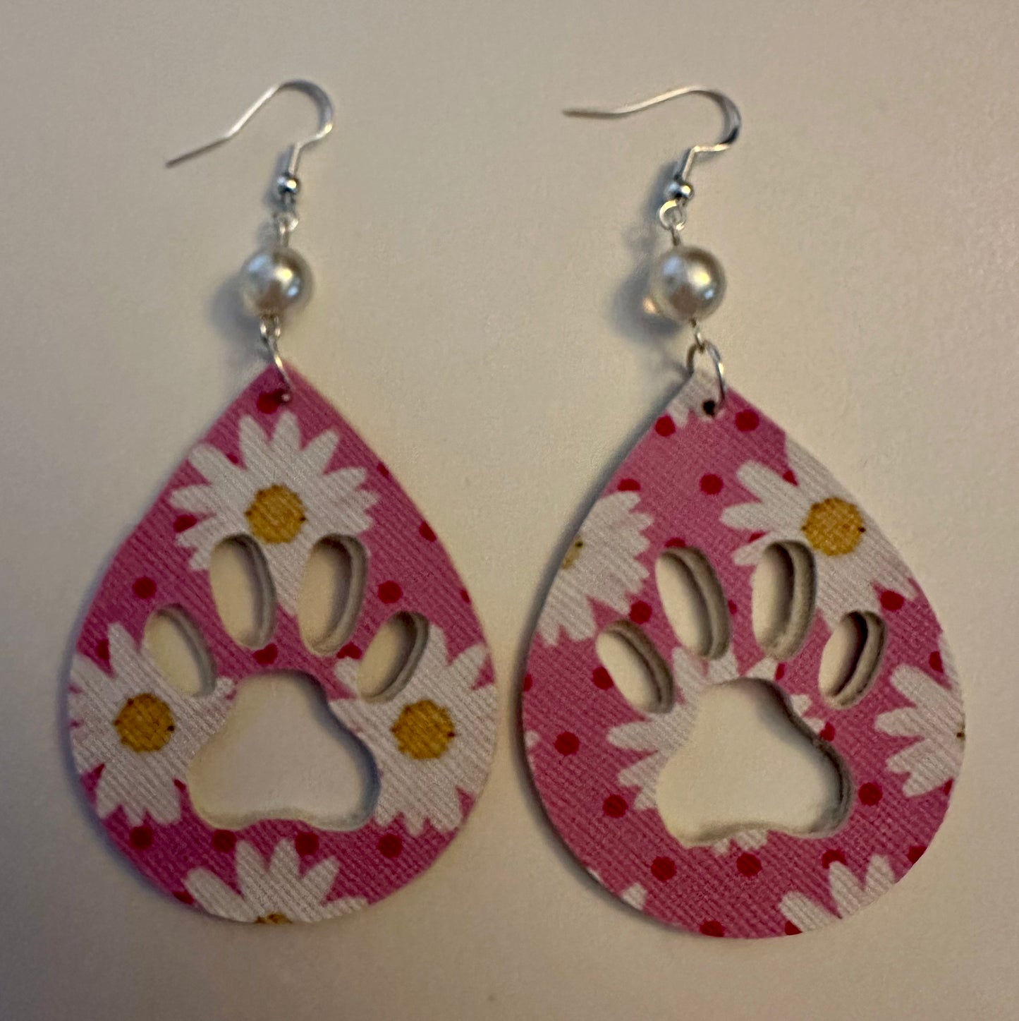 Pink Floral Paw Print Faux Leather Earrings - Vibrant Teardrop Jewelry
