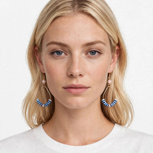 Blue & White Pearl Beaded Wire Metal Earrings - Fancy Teardrop Jewelry