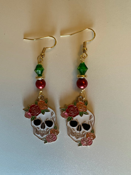 Floral Crown Sugar Skull Enamel Earrings - Unique Dangle Jewelry