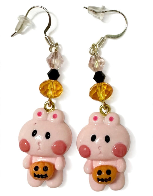 Kawaii Ghost Bunny Pumpkin Clay & Resin Earrings - Spooky Cute Dangle Jewelry