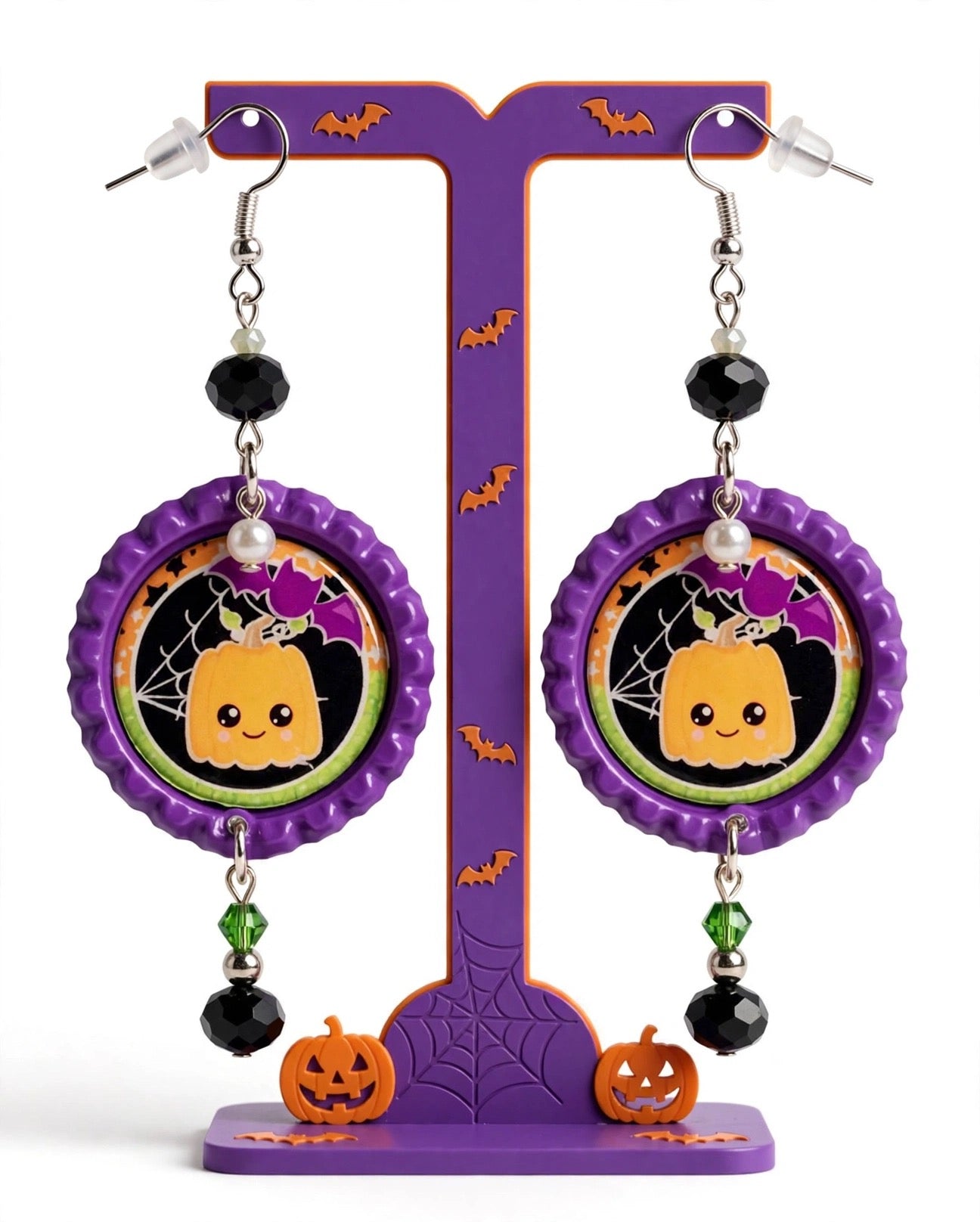 Halloween Cute Pumpkin & Bat Bottlecap Earrings - Adorable Dangle Jewelry