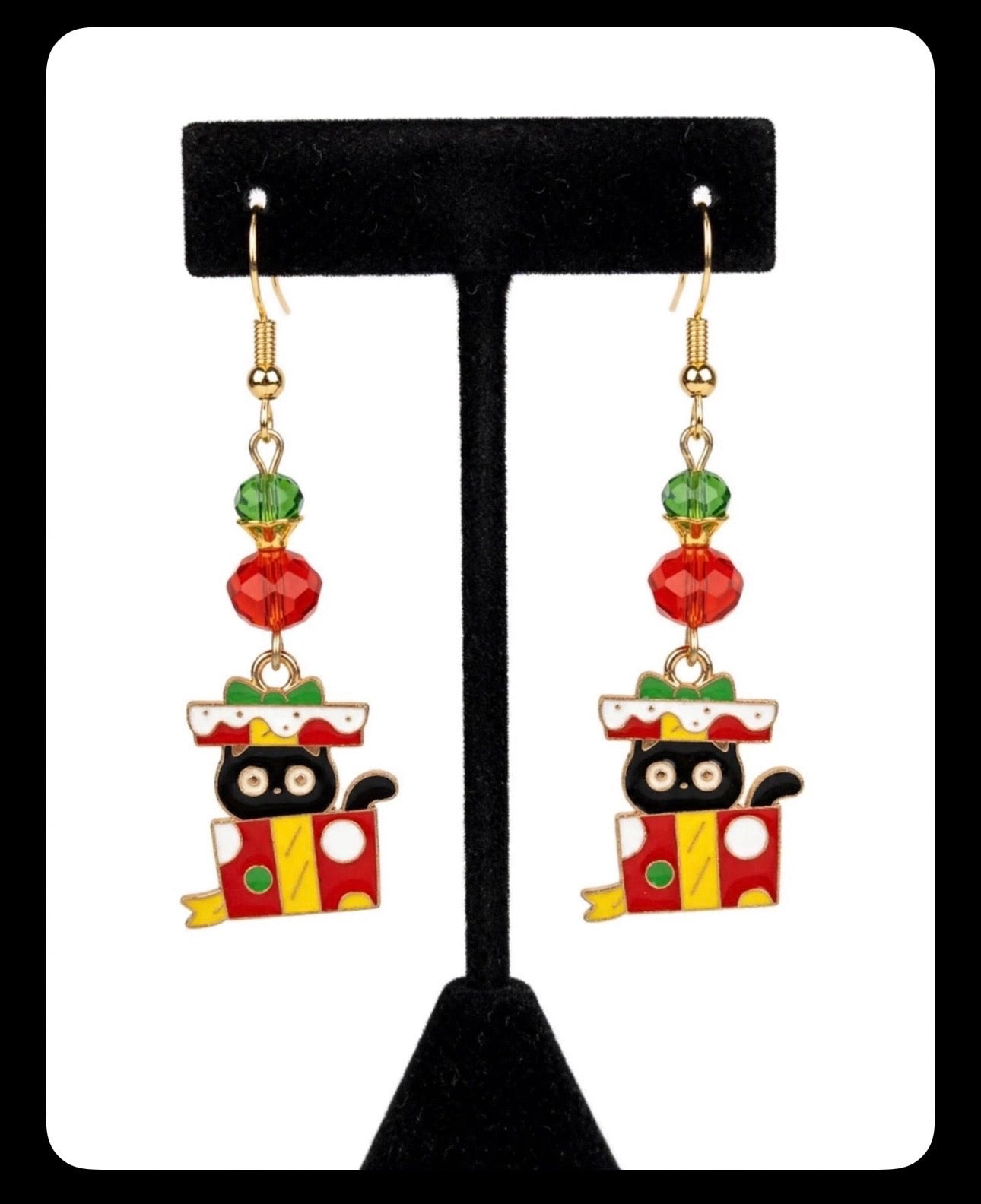 Christmas Cat Present Enamel Earrings - Colorful Cute Dangle Jewelry