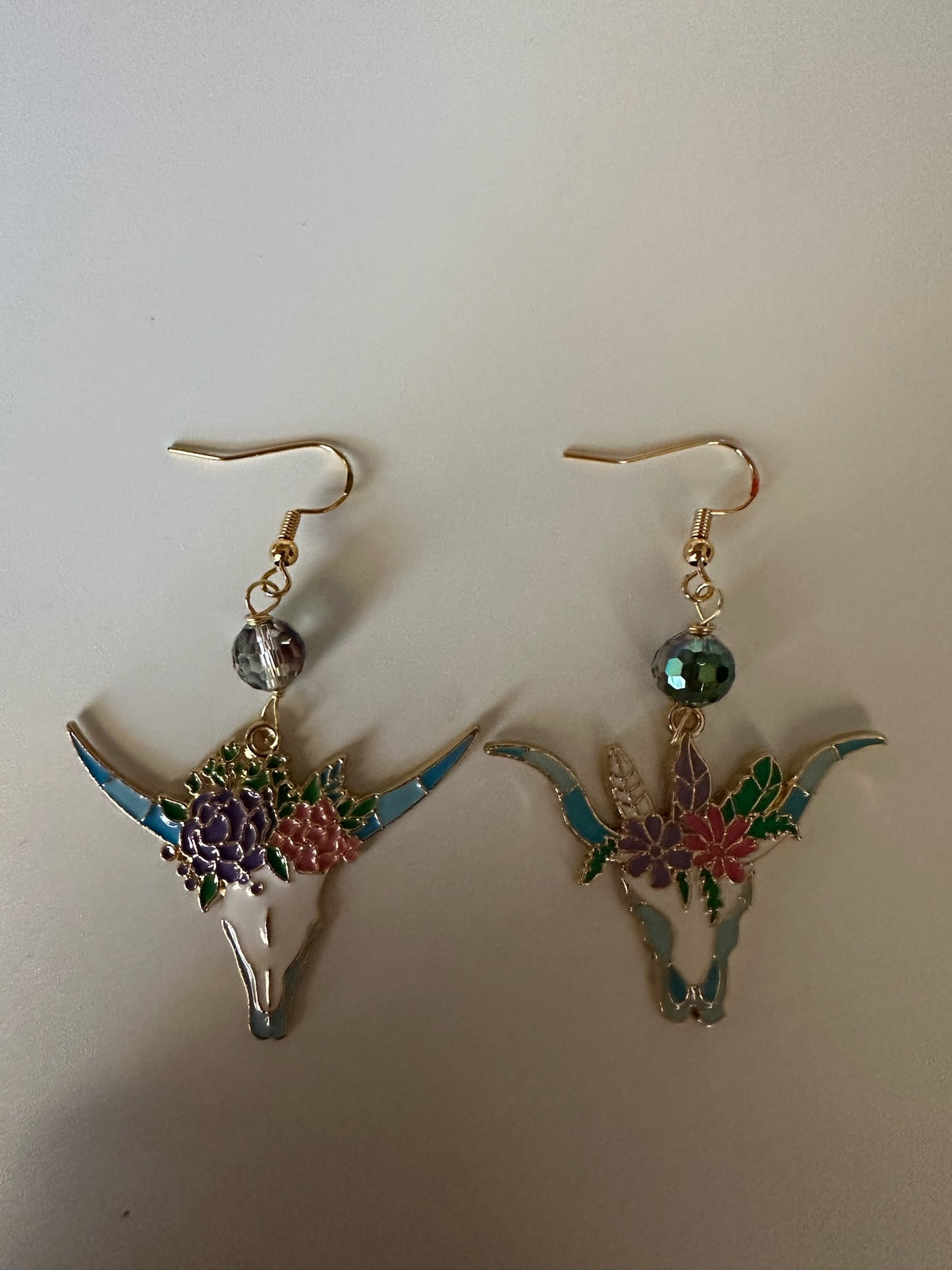 Bull Skull Floral Enamel Earrings - Vibrant Dangle Jewelry
