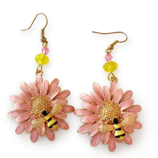 Pink Flower Bee Enamel Earrings - Charming Springtime Dangle Jewelry