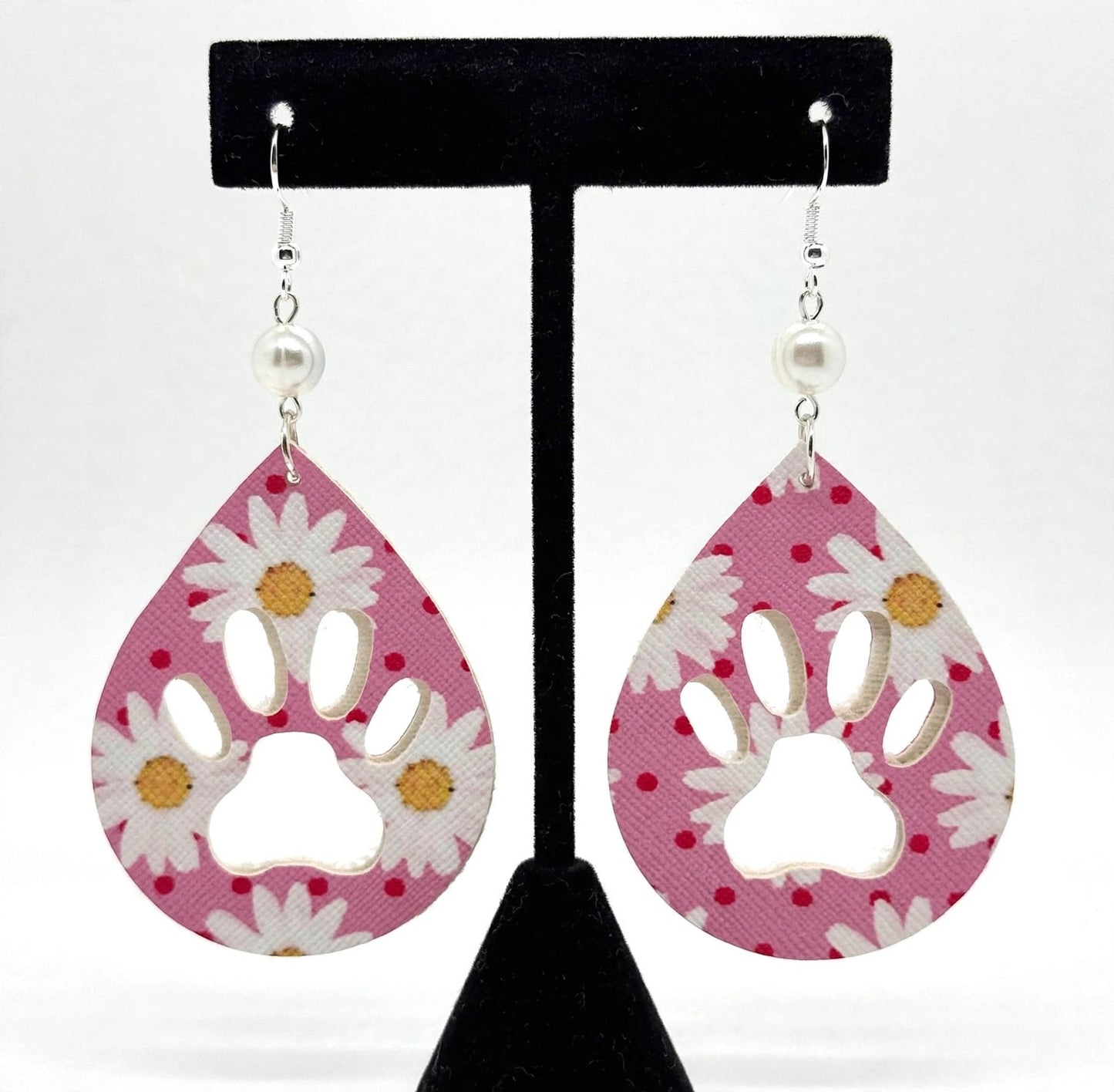 Pink Floral Paw Print Faux Leather Earrings - Vibrant Teardrop Jewelry