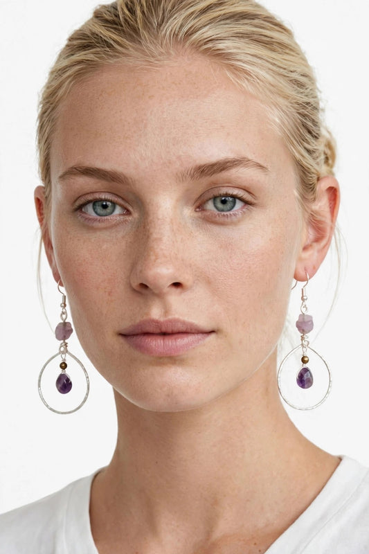 Pink & Purple Gemstone Metal Wire Earrings - Minimalist Dangle Jewelry