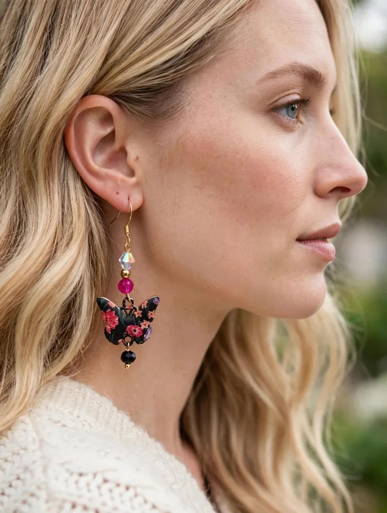 Blooming Butterfly Enamel Earrings - Floral Dangle Jewelry