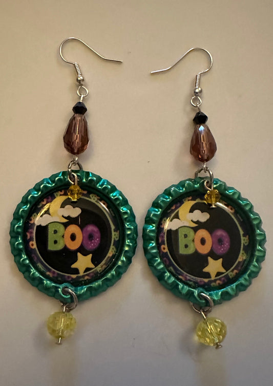 Halloween Boo Bottlecap Earrings - Spooky Cute Dangle Jewelry