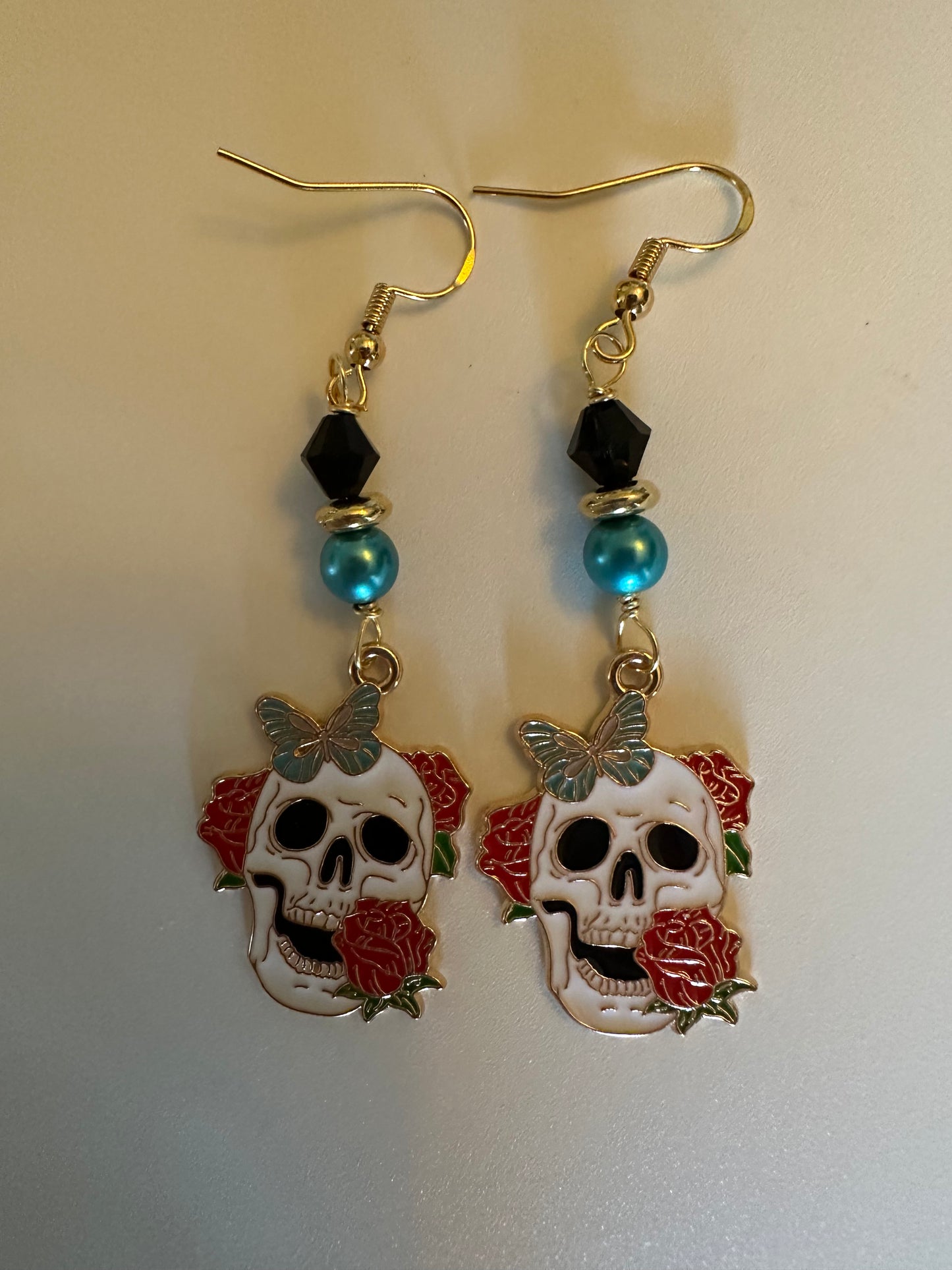 Butterfly Red Rose Sugar Skull Enamel Earrings - Elegant Dangle Jewelry