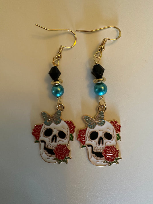 Butterfly Red Rose Sugar Skull Enamel Earrings - Elegant Dangle Jewelry