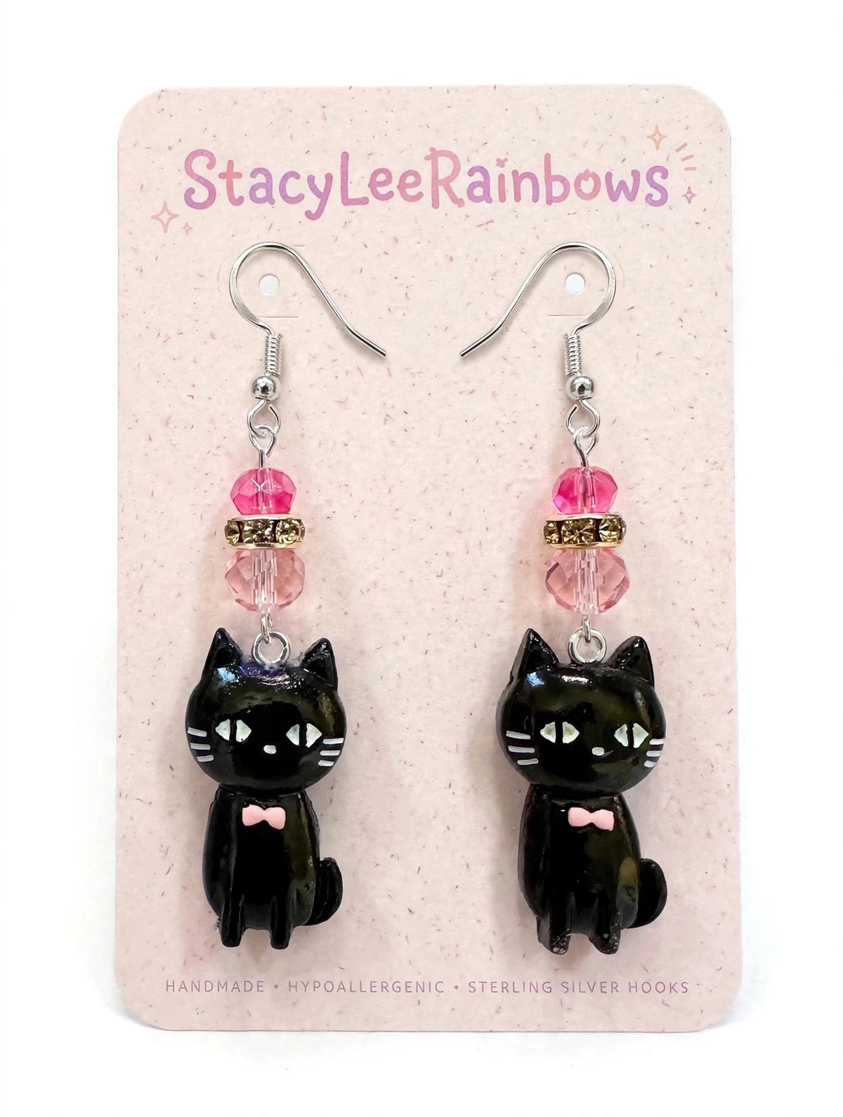 Dangle Clay Pink Bow Resin Halloween Black Cat Earrings