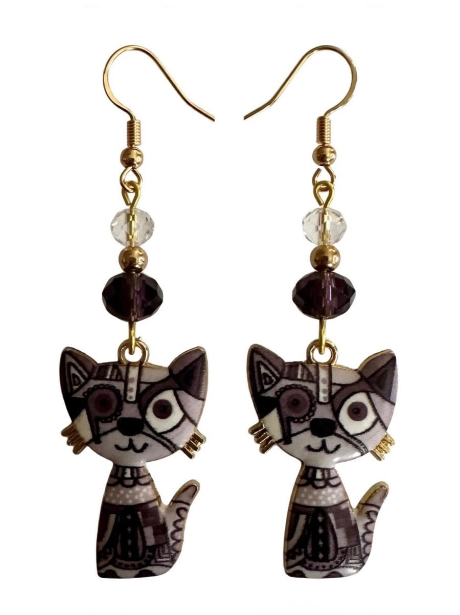 Black Colorful Cat Enamel Charm Earrings - Abstract Dangle Jewelry