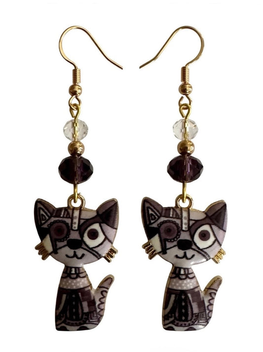 Black Colorful Cat Enamel Charm Earrings - Abstract Dangle Jewelry