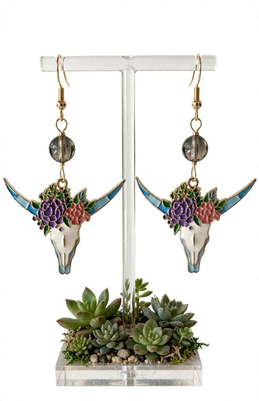 Bull Skull Floral Enamel Earrings - Vibrant Dangle Jewelry