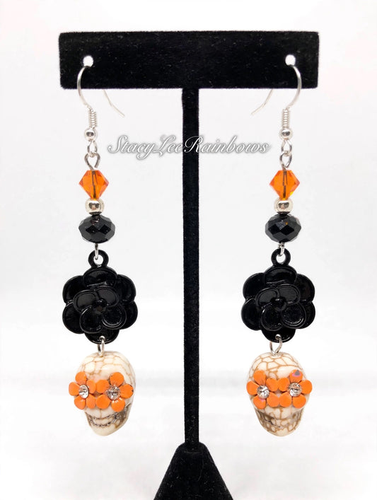 Sugar Skull Black Flower Enamel Earrings - Unique Gothic Jewelry