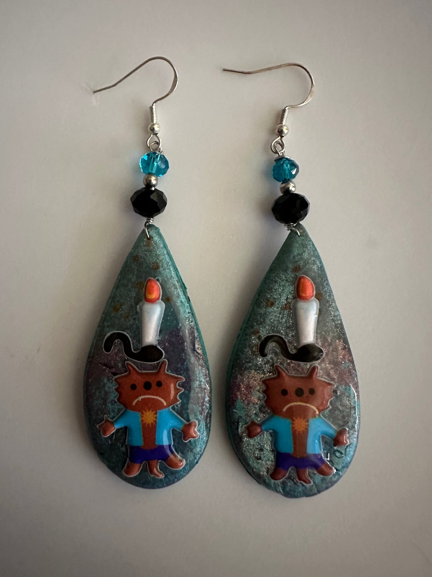 Spooky Wolf Man Candlestick Teardrop Earrings - Gothic Clay & Resin Jewelry