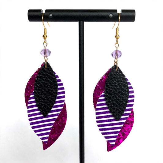 Purple Striped Faux Leather Earrings - Elegant Dangle Jewelry
