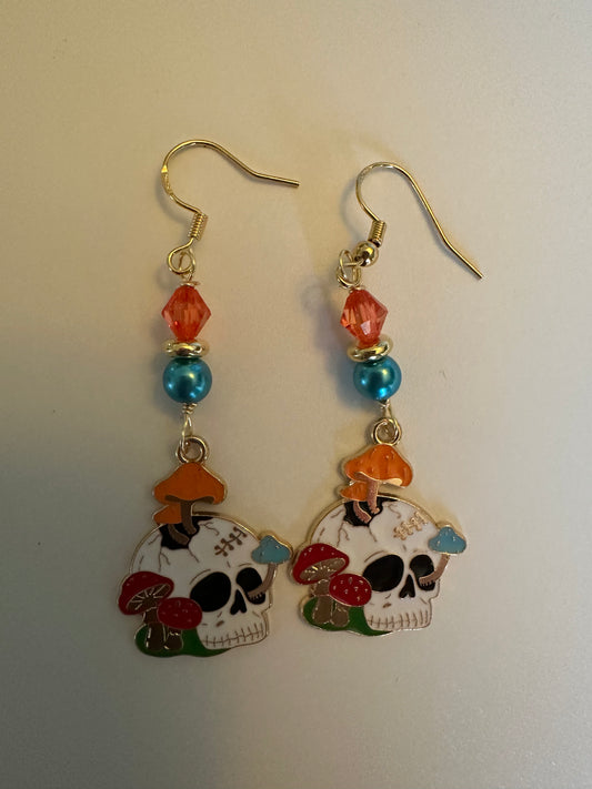 Mushroom Skull Enamel Earrings - Whimsical Dark Dangle Jewelry