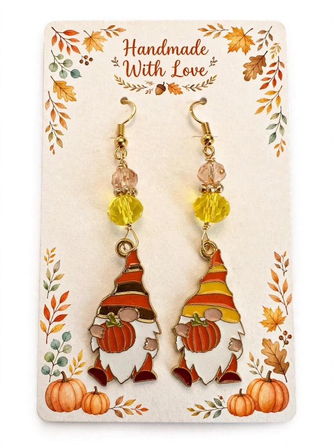 Fall-themed Pumpkin Gnome Enamel Earrings - Adorable Dangle Jewelry