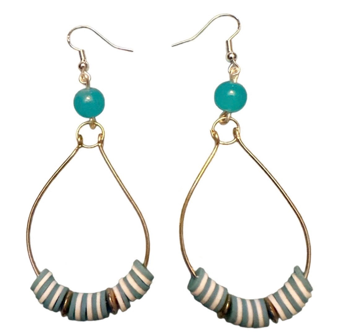 Blue & White Turquoise Beaded Wire Metal Earrings - Fancy Teardrop Jewelry
