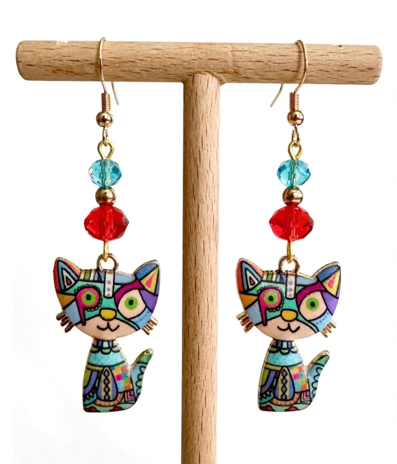 Blue Colorful Cat Enamel Charm Earrings - Abstract Dangle Jewelry