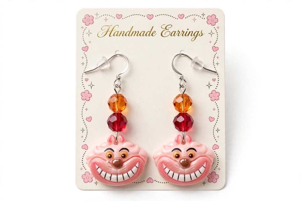 Cheshire Cat Inspired Dangle Clay Resin Earrings - Alice in Wonderland Jewelry