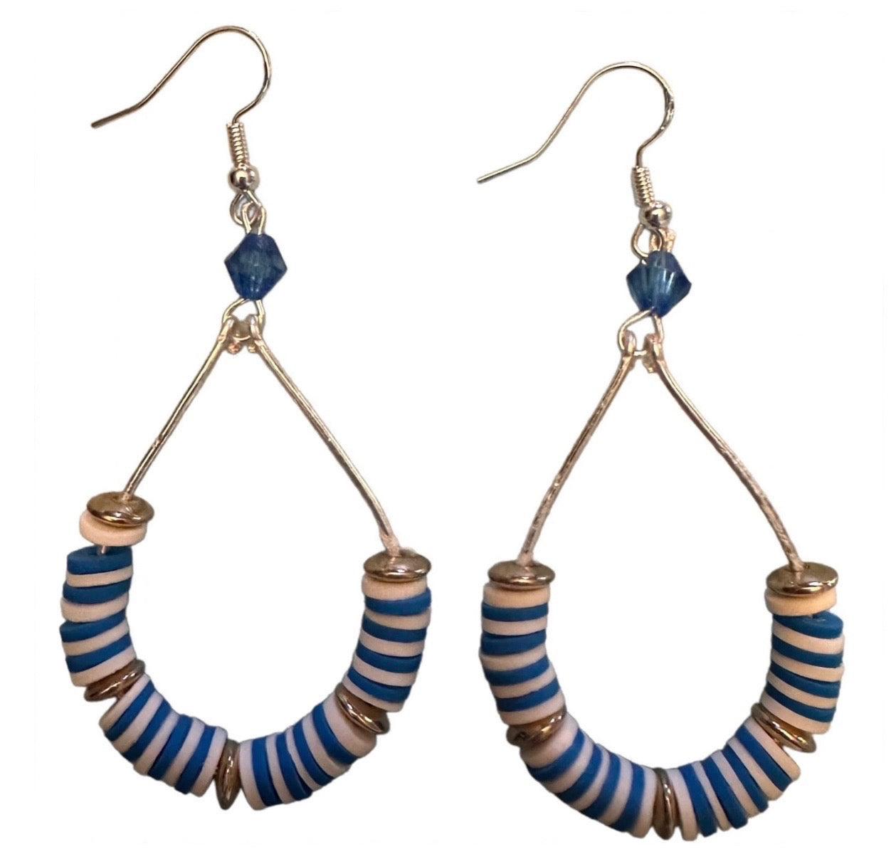 Blue & White Beaded Wire Metal Earrings - Fancy Teardrop Jewelry