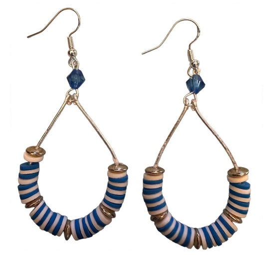 Blue & White Beaded Wire Metal Earrings - Fancy Teardrop Jewelry