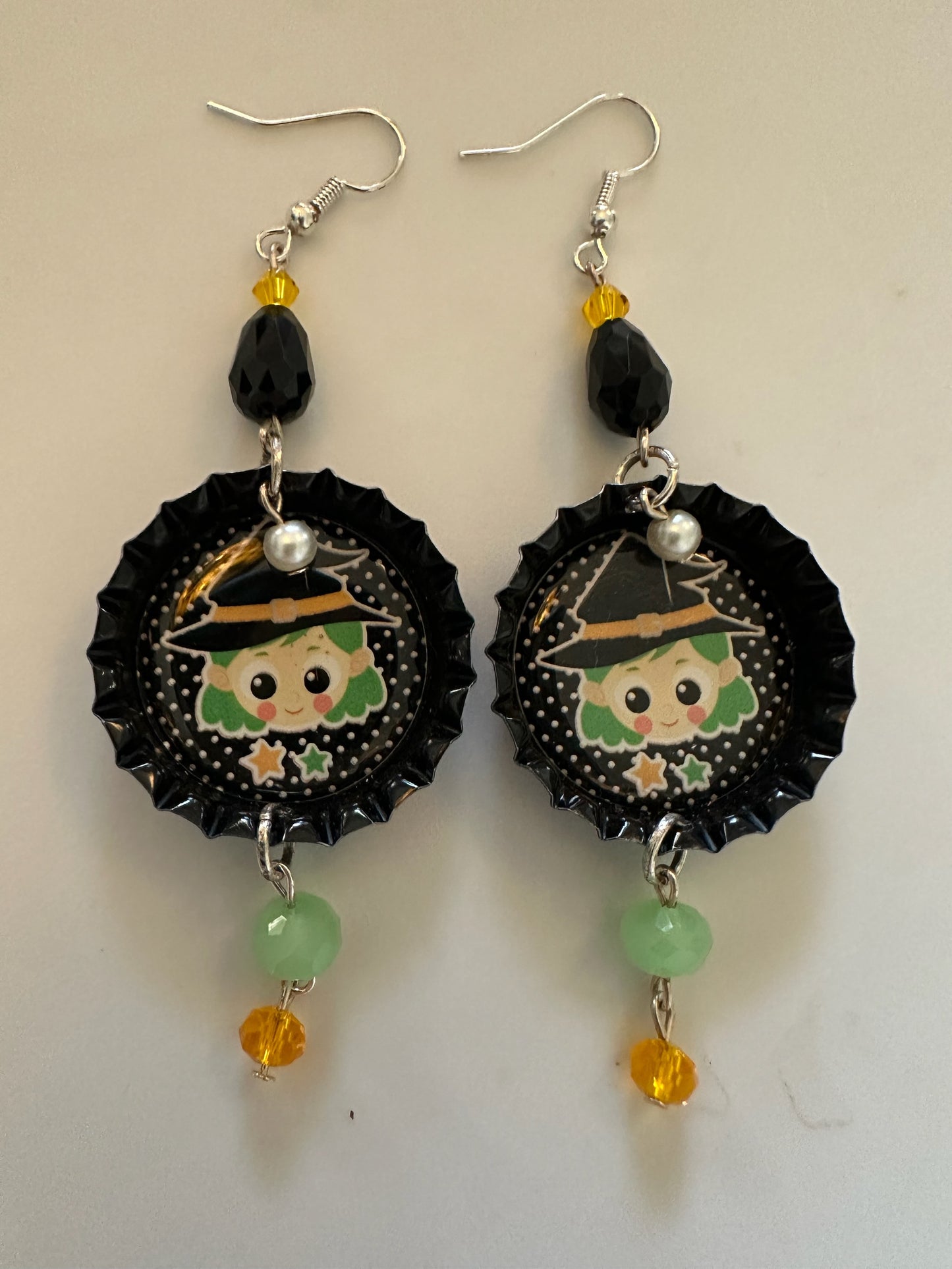 Halloween Green Witch Bottlecap Earrings - Sweet Dangle Jewelry