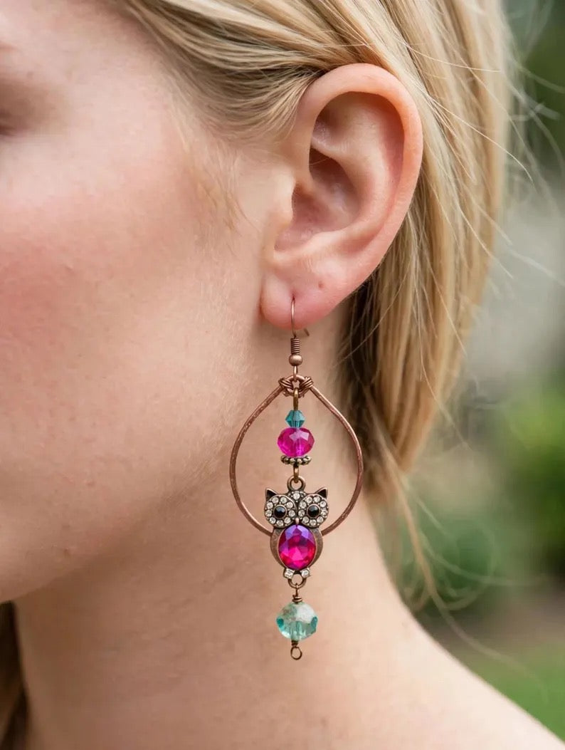 Rustic Copper Tone Owl Hoop Dangle Earrings Fuchsia Owl Dangle Hoop Earrings Fuchsia Rhinestone Charms