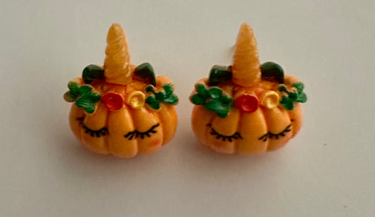 Floral Pumpkin Unicorn Clay Resin Earrings - Whimsical Stud Jewelry