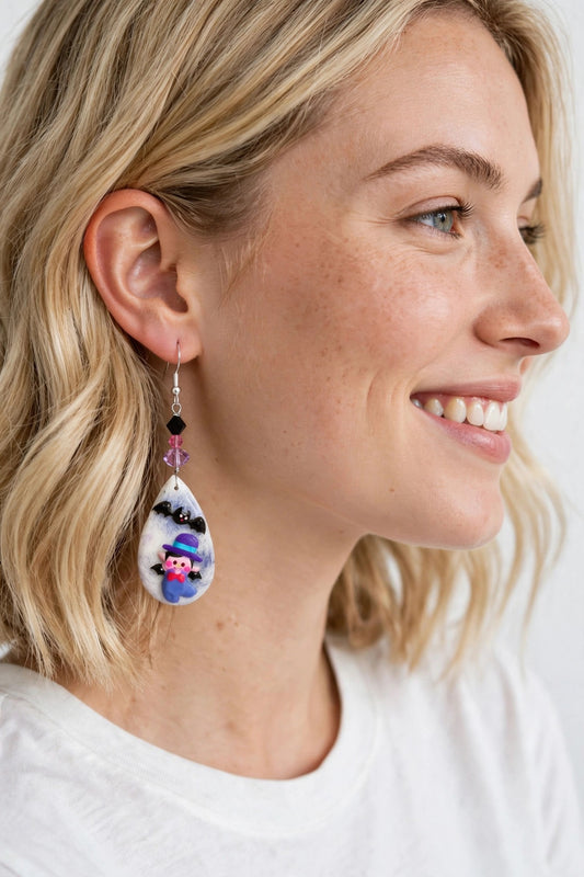 Handmade Halloween Cute Vampire Witch Bat Teardrop Earrings - Clay & Resin Design