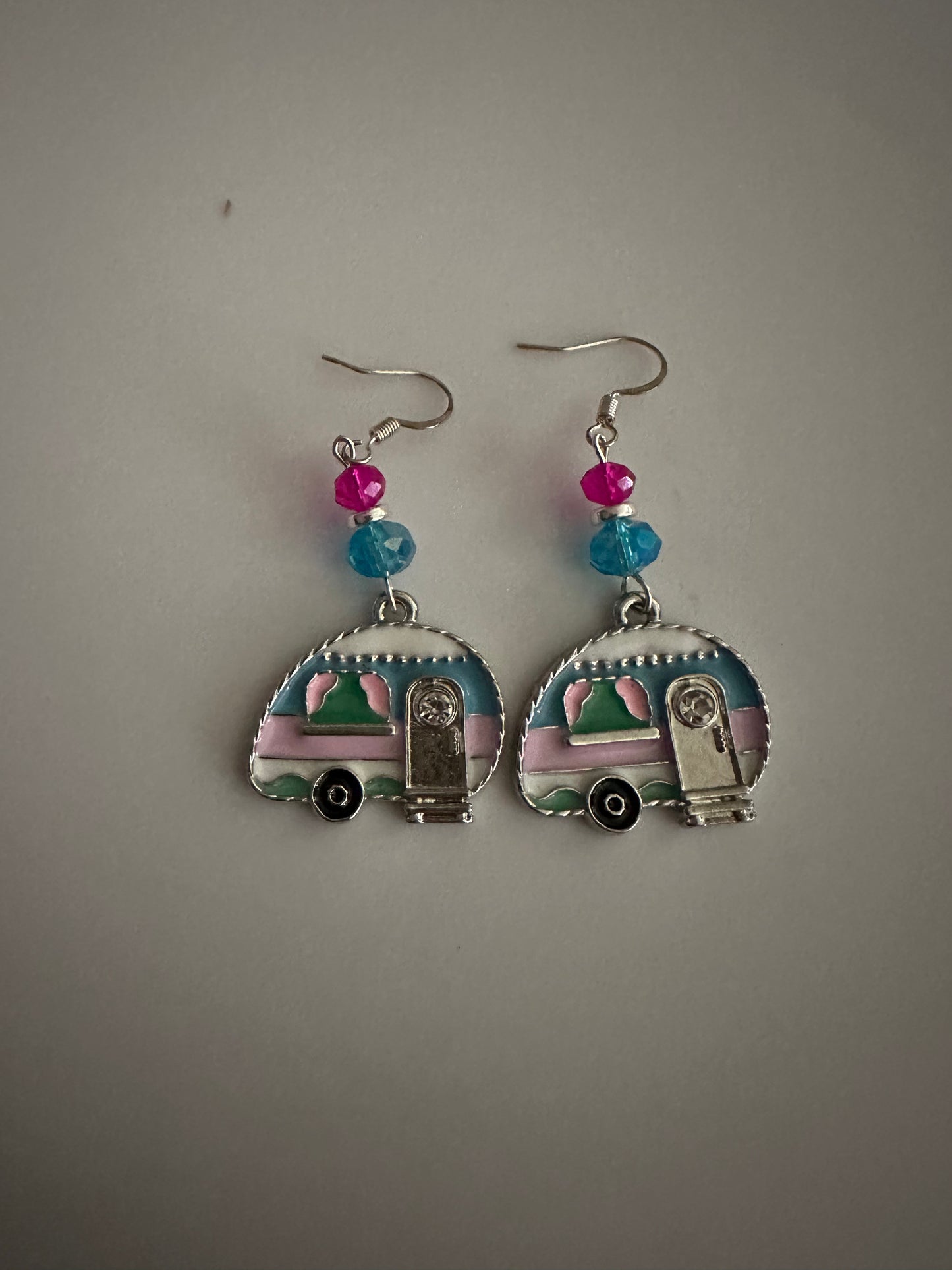 Pink & Blue RV Camper Enamel Earrings - Retro Vibes Dangle Jewelry