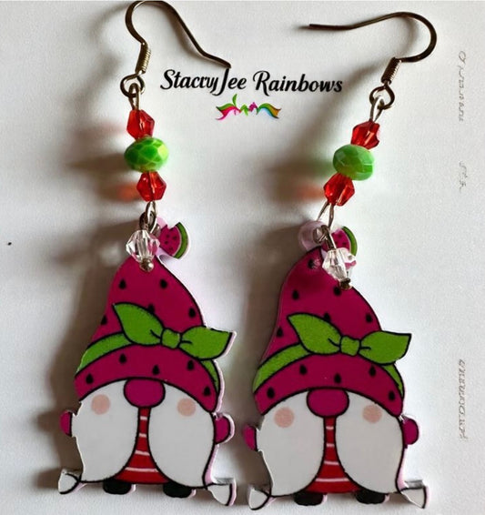 Watermelon Gnome Design Acrylic Earrings - Cute Dangle Jewelry