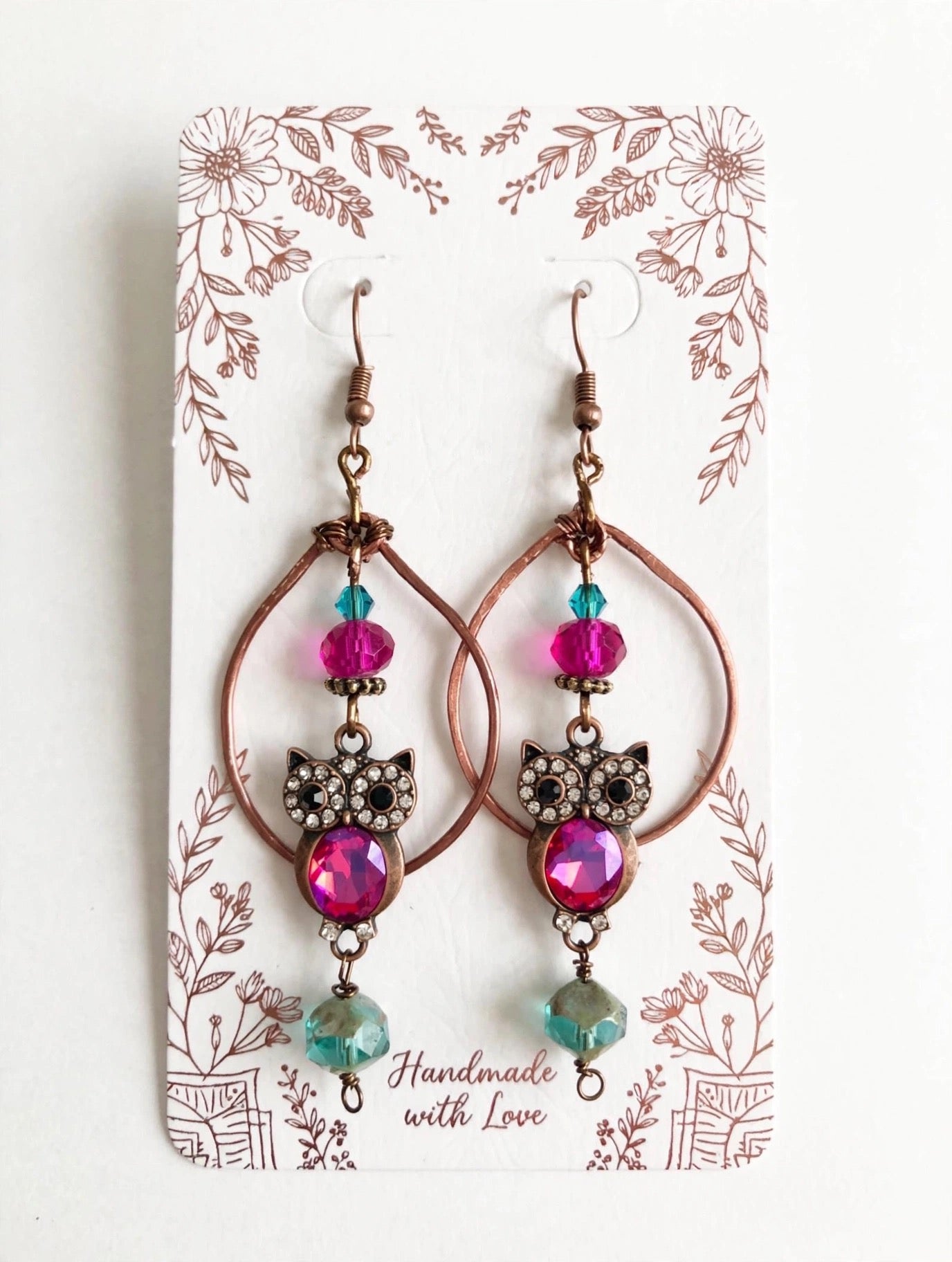 Rustic Copper Tone Owl Hoop Dangle Earrings Fuchsia Owl Dangle Hoop Earrings Fuchsia Rhinestone Charms