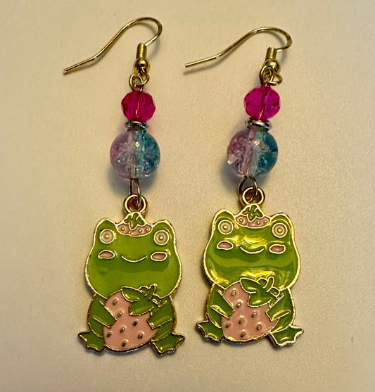 Joyful Frog Strawberry Enamel Earrings - Adorable Dangle Jewelry