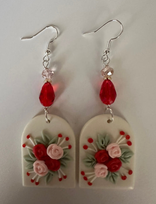 Red & Pink Rose Clay & Resin Earrings - Elegant Dangle Jewelry