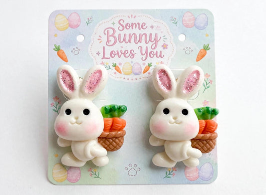 Bunny Carrot Basket Clay Resin Earrings - Easter Stud Jewelry