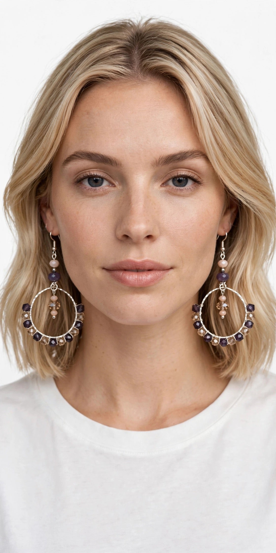 Wire Crystal Beads Purple Gemstone Hoop Earrings - Elegant Dangle Jewelry
